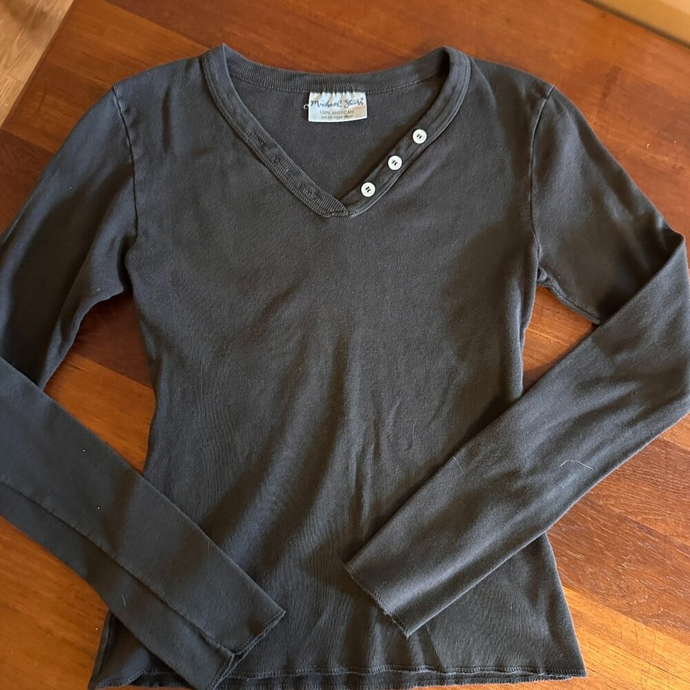 Michael Stars Dark Brown Long Sleeve V-Neck Tee with Button Henley